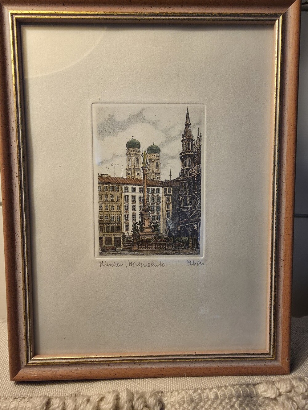 Hand-colored or color-etched print titled "München, Mariensäule"